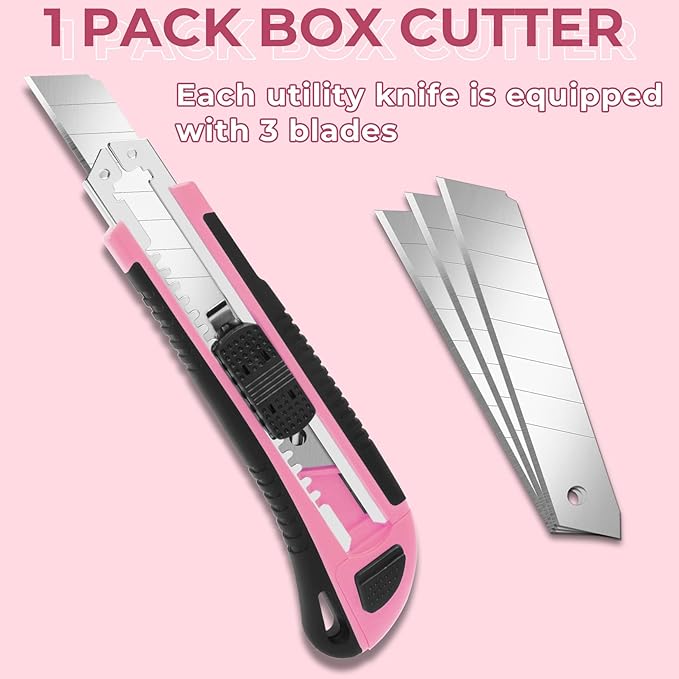 Box Cutter, Box Cutter Retractable Self Loading, Heavy Duty Utility Knife, 18mm-Wide Blade Knife, Box Opener Tool with Rubber Handle, Retractable Paper Exacto Knife, Pink