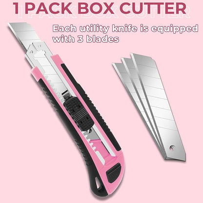 Box Cutter, Box Cutter Retractable Self Loading, Heavy Duty Utility Knife, 18mm-Wide Blade Knife, Box Opener Tool with Rubber Handle, Retractable Paper Exacto Knife, Pink