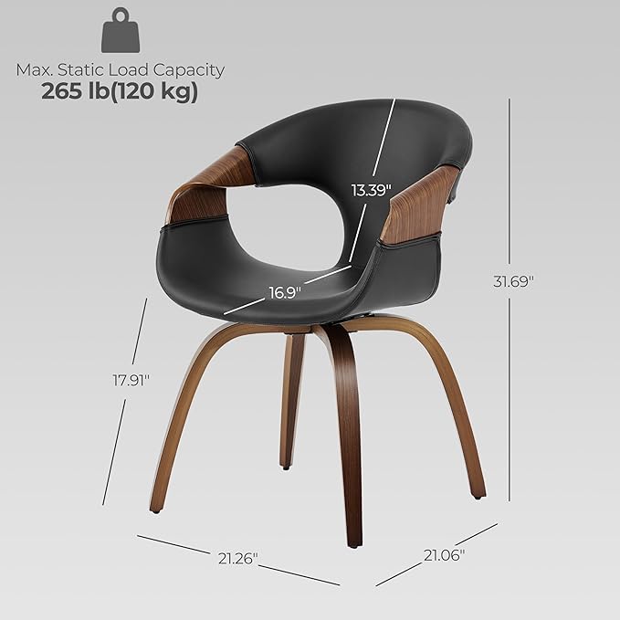 Art Leon Desk Chair No Wheels, Mid Century Modern Office Chair, Faux Leather Upholstered Swive Chair with Wood Legs for Living Room Bedroom, Walnut Bentwood, Black/Walnut
