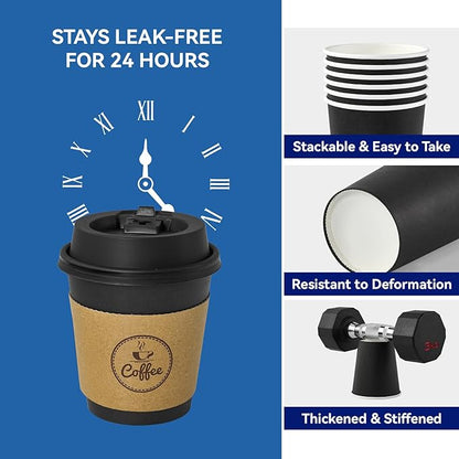 JOLLY CHEF 100 Count 10 oz Coffee Cups with Lids, Sleeves and Stirrers for Home, Office, Kitchen, Cafes, Disposable Hot Paper Cups for all Kinds of Beverages