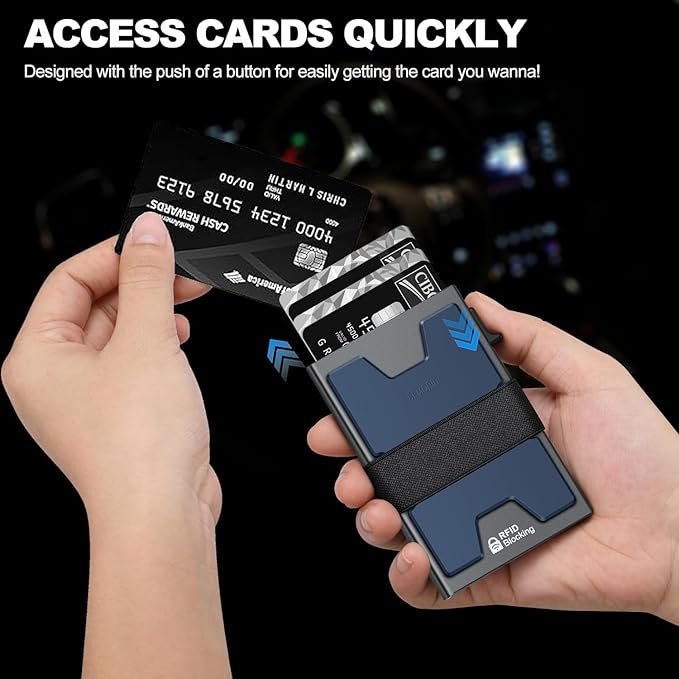 Slim Aluminum Card Holder Wallet for Men, Durable Expandable Backplate, RFID Blocking Minimalist Metal Pop Up Wallet, Holds 12+ Cards Plus Cash