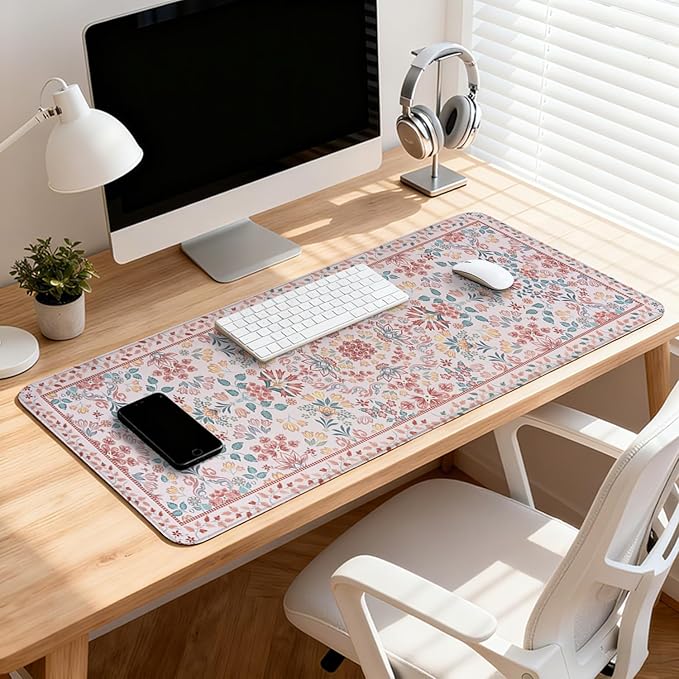 Pink Floral Patterns Desk Mat, Large Gaming Mouse Pad Non-Slip Rubber Base with Stitched Edges, Waterproof Protection for PC Laptop Home Office Desk Decor (31.5x11.8in)
