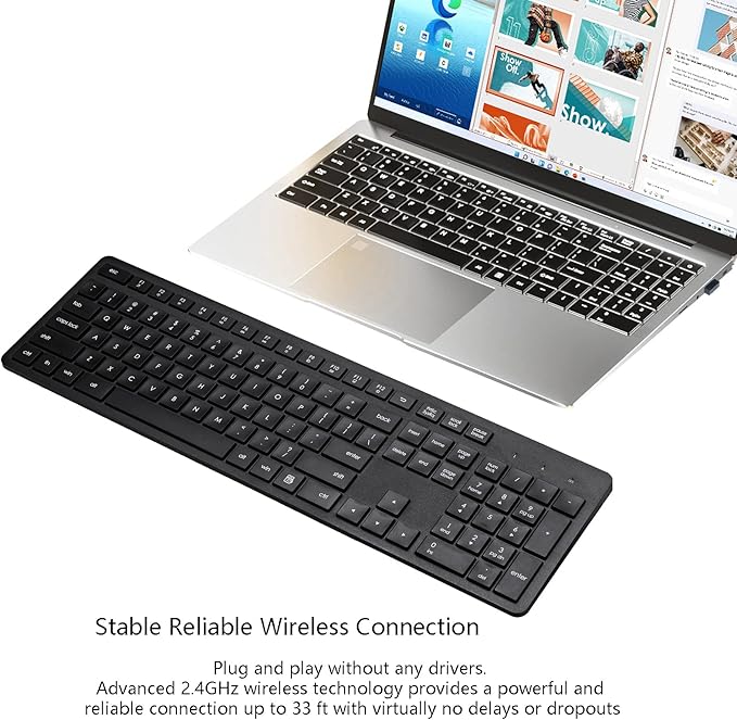 Wireless Keyboard, 2.4G USB External Silent Cordless Keyboard for Windows Chrome Laptop Computer PC Desktop Notebook Chromebook, 106 Keys Full Size with Number Pad (Black)