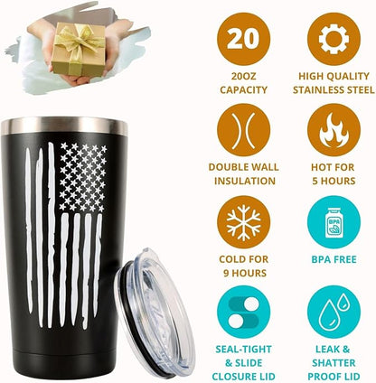 American Flag 20 OZ Travel Coffee Tumbler & Mug For Men Husband Dad, Unique Patriotic Military Gifts For Fathers day, Christmas, Birthday, Valentine, Anniversary