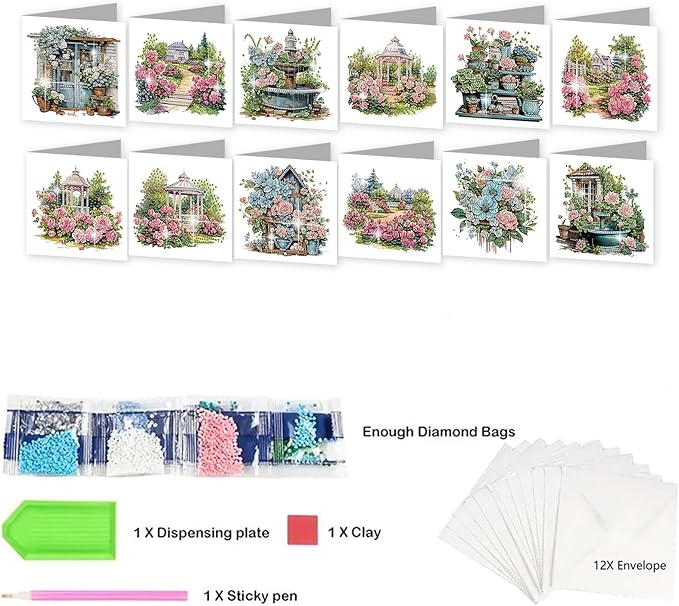 jinglinhh 12pcs Diamond Art Painting Garden Flowers Greeting Cards with Envelopes, DIY Card Making Kits for Adults, Diamond Art Postcards Christmas Cards Craft Gifts