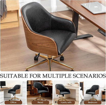 Genuine Leather Office Desk Chair, Adjustable Height Small Modern Comfortable Walnut Vanity Chair, Gold Legs Mid Back 360 Swivel for Home Office, Bedroom, Study, Meeting Room(Vintage Black)