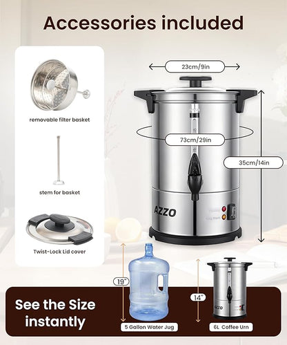 Commercial Coffee Maker 40-Cup Large Coffee Urn with Percolator Coffee Pot Electric 6L Stainless Steel Fast Brew Hot Water Dispenser for Tea Catering Events Home Office Easy Cleaning