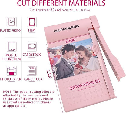Mini Paper Trimmer, Guillotine Compact Paper Cutter, 1/4-Inch Grid for Precision Cutting, Straight Cuts Up to 3 Sheets, Perfect for Photos,Coupons,Card Making and Small Craft Projects (Pink)