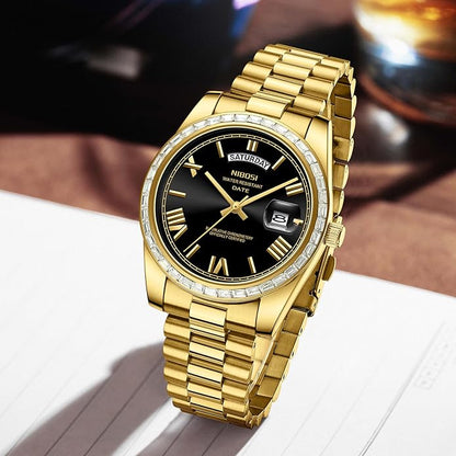 NIBOSI Men's Watches Analog Quartz Diamond Bezel Stainless Steel Dial Rose Gold Silver Watches for Men Waterproof Business Classic Dress Wrist Watch with Day Date