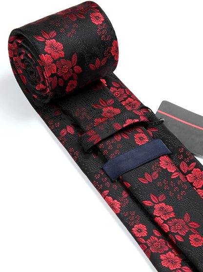 HISDERN Men Floral Ties Woven Classic 3.4" Necktie Set Formal Tie Pocket Square for Wedding with Handkerchief Gift Box