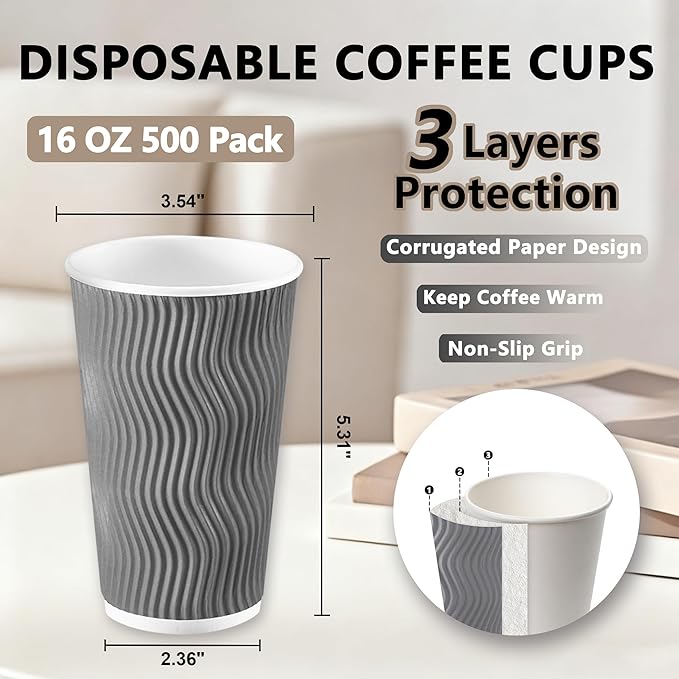 500 Pack 16oz Coffee Cups,Corrugated Insulated Ripple Wall Disposable Paper Coffee Cups 500 Count,Hot Beverages Cup for Office,Party,Home,Travel(Gray)