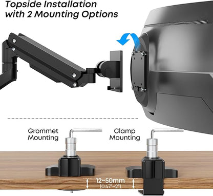 Premium Heavy Duty Monitor Arm for 17 to 49 inch Screens up to 44lbs, Fully Adjustable Ultrawide Single Clamp-on Desk Mount Stand, VESA 75x75/100x100mm (Black)