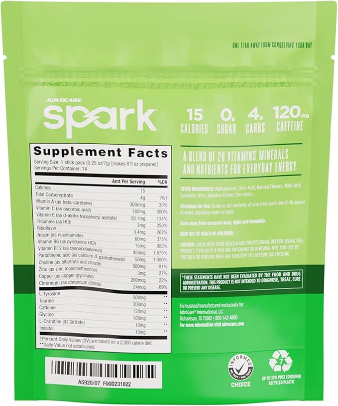 AdvoCare Spark - Energy Drink Mix - Vitamin & Amino Acid Supplement - Supports Energy & Focus - Portable Immune Support - Sugar-Free - Limeade, 14 Stick Packs (3.5 oz)