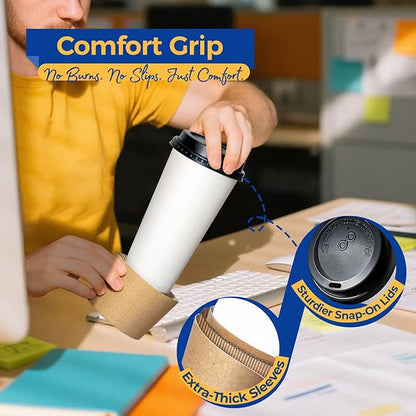 Fit Meal Prep 500 Pack 20 oz Disposable Coffee Cups with Lids, Sleeves, Leak-Proof To Go Coffee Cups with Lids, Durable Paper Cups for Hot Beverage, Home, Office, Party