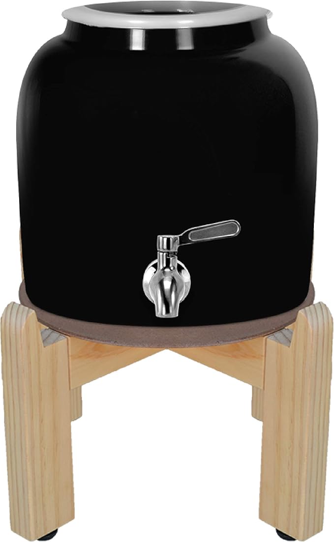Geo Sports Porcelain Ceramic Crock Water Dispenser, 8 Inch Wood Stand, Stainless Steel Faucet, Fits 3 to 5 Gallon Jugs. (Black)