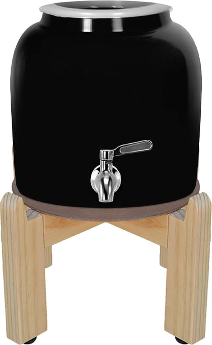 Geo Sports Porcelain Ceramic Crock Water Dispenser, 8 Inch Wood Stand, Stainless Steel Faucet, Fits 3 to 5 Gallon Jugs. (Black)