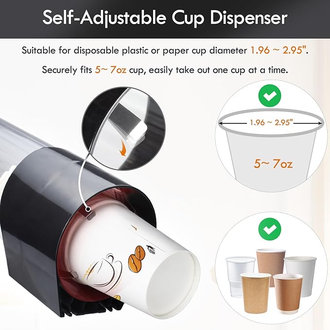 LBTING Cup Dispenser, Water Cooler Pull Type Cup Holder Fits 7oz - 12oz Cone or Flat Bottom Cups, Paste or Screw Plate Wall Mount, 16.9" Tube Length Black