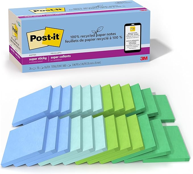 Post-it 100% Recycled Paper Super Sticky Notes, 3 in. x 3 in., 24 Pads, 70 Sheets per Pad, Oasis Collection, School Supplies and Office Products (Pack of 8)