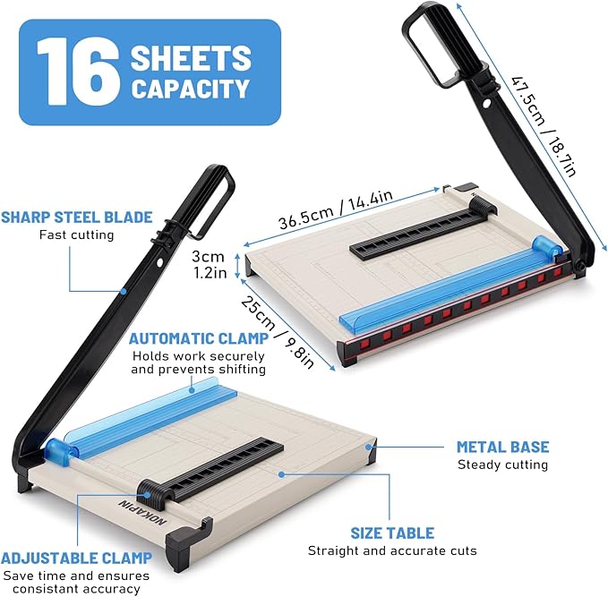 Paper Cutter, Paper Slicer with Safety Guard and Blade Lock, 12" Cut Length Guillotine Paper Cutter with 16 Sheet Capacity, Paper Cutters and Trimmers for Cardstock Cardboard (White)