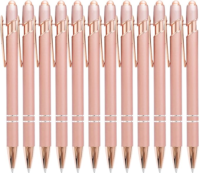 PASISIBICK 12 Pieces Rose Gold Ballpoint Pen with Stylus Tip, 2 in 1 Rose Gold Stylus Pens Stylish Pen, Metal Stylus Pen for Touch Screens, 1.0 mm Black Ink(Pack of 12)