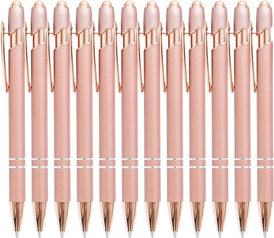 PASISIBICK 12 Pieces Rose Gold Ballpoint Pen with Stylus Tip, 2 in 1 Rose Gold Stylus Pens Stylish Pen, Metal Stylus Pen for Touch Screens, 1.0 mm Black Ink(Pack of 12)