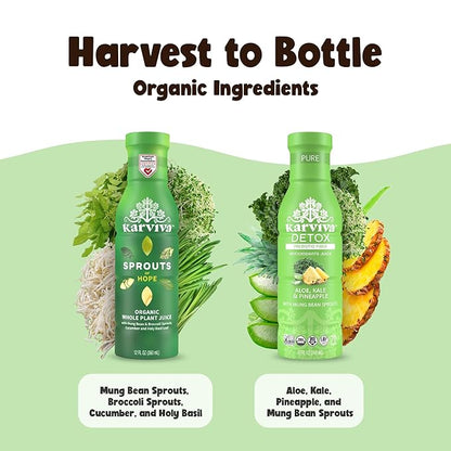 Karviva Organic Juice Cleanse for Liver Detox & Hormone Health - Ancient Remedies with Broccoli Sprouts, Aloe Vera, Kale, Kiwi, Ginger - Low-Sugar, Prebiotic, Fiber, Antioxidants (6 BPA-Free, Toxin-Free Bottles, 12 oz Each)