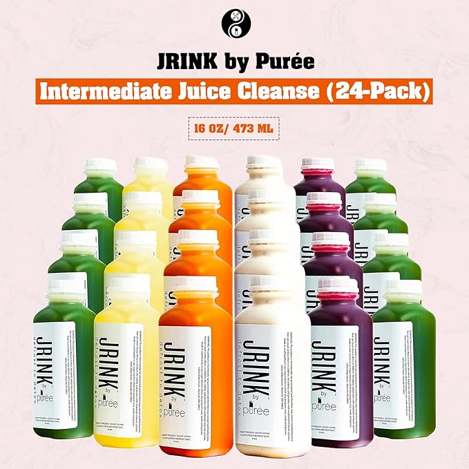 JRINK by Purée Intermediate Juice Cleanse, Cold Pressed Detox Drink with Organic 4 Day-Healthy Vegetable and Fruit Juice, Frozen Pressed Juice Cleanse, 24 Bottles, 16oz Each