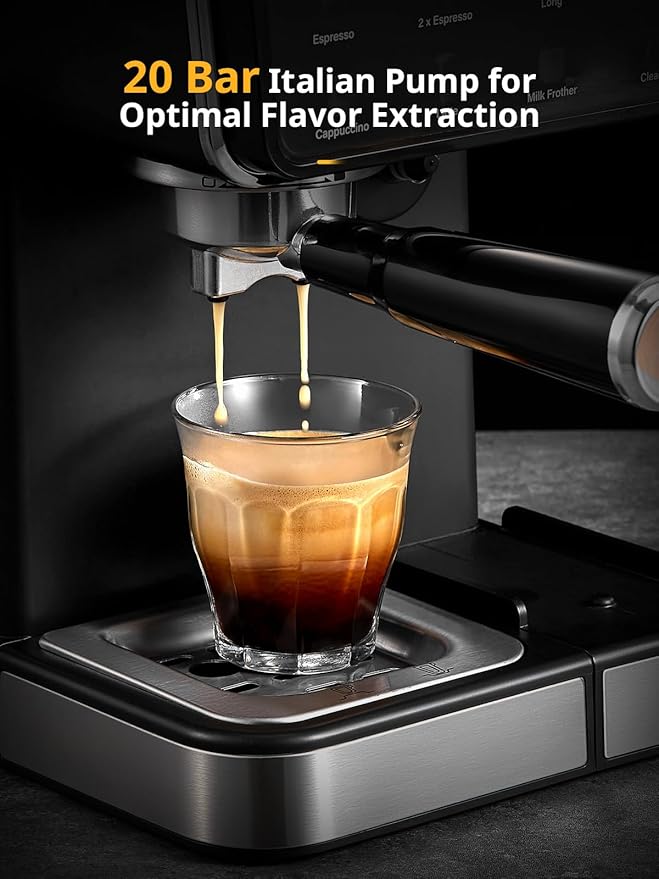 Yabano Espresso Machine with LED Touch Screen, 20 Bar Pressure & Automatic Milk Frother, 1.5L Water Tank, for Cappuccino, Americano & Latte, 1350W
