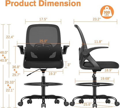 Tall Drafting Chair with Lumbar Support and Footrest Ring, Supportive Tall Extended Height Ergonomic Desk Chair for Home Work, Breathable Mesh Office Chair with Flip up Arms(Black)
