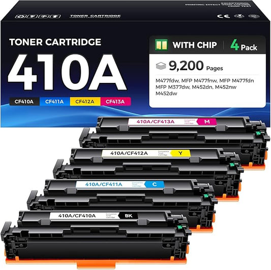 410A Toner Cartridge 4-Pack High Yield Replacement for HP 410A CF410A CF411A CF412A CF413A Compatible with HP Color Laserjet Pro MFP M477fdn M477fdw M477fnw M452dn M452dw M452nw M377dw Printer Black