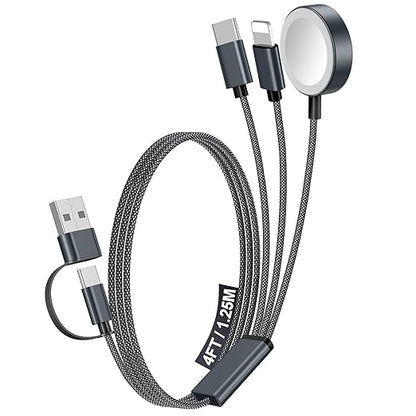1Pack Multi Charging Cable Cord for Travel Essentials,Apple Watch Charger,iPhone Charger,[3-in-2] Type C/L Cable Portable Designed for iWatch,iPhone 17-8,Galaxy S25-21,AirPods,iPad-4FT Black