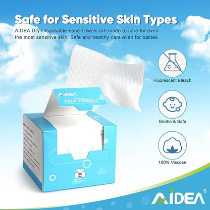 AIDEA Face Towels Disposable-200Ct (4 Box), Clean Facial Towels, Facial Cleansing Wipes for Sensitive Skin, Face Towelettes for Makeup Removing, Nursing, Travel, Dry Wipes