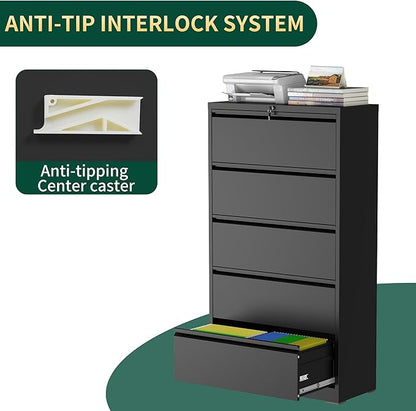 5 Drawer Lateral File Cabinet with Lock, Metal File Cabinets for Home Office, Steel Heavy-Duty Filing Storage Cabinet for Letters/Legal/A4 (Require Assembly, Black)