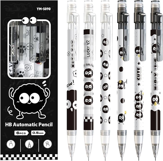 6Pcs Black Cute Mechanical Pencils with Eraser 0.5mm Kawaii Cartoon Mechanical Pencil School Pencil Gifts for Women Man