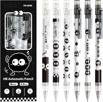 6Pcs Black Cute Mechanical Pencils with Eraser 0.5mm Kawaii Cartoon Mechanical Pencil School Pencil Gifts for Women Man