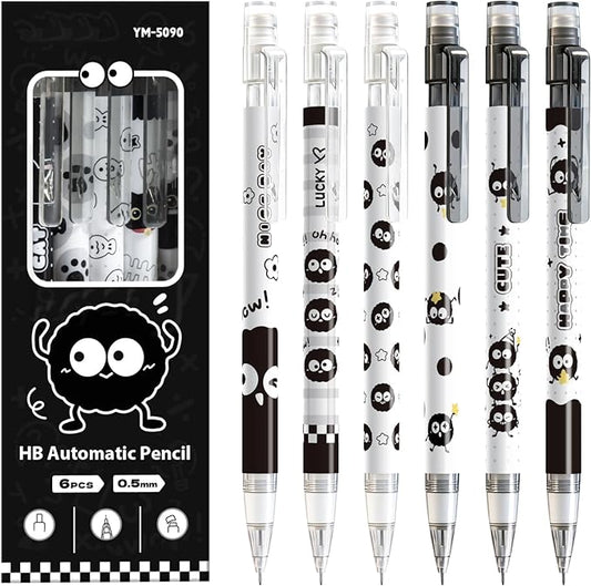 6Pcs Black Cute Mechanical Pencils with Eraser 0.5mm Kawaii Cartoon Mechanical Pencil School Pencil Gifts for Women Man