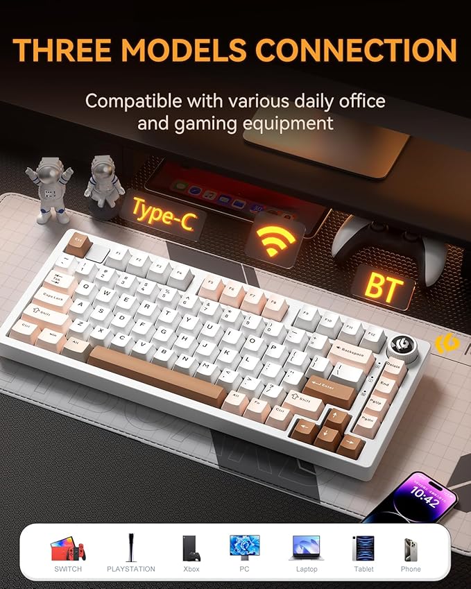 LEOBOG HI75CPro Mechanical Keyboards, RGB Backlit Tri-Mode BT5.0/2.4GHz/USB-C Gaming Keyboard, Hot Swappable Creamy Keyboard with PBT Keycaps for PC/Windows/iOS/Andriod - Turquoise Switch, Brown