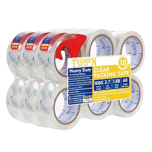 Heavy Duty Clear Packing Tape with Dispenser Combo for Shipping, Moving & Storage,Thicker Clear Packing Tape, 1.88 inches Wide, 60 Yards Per Roll, 18 Pack 1080 Total Yards
