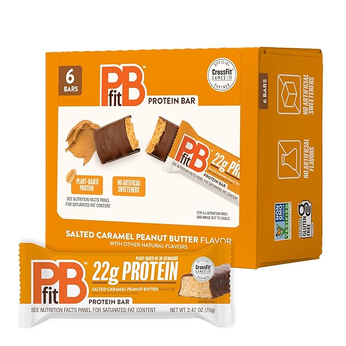 PBfit Salted Caramel Peanut Butter Protein Bars, 22g Protein, Gluten Free, Vegan, Plant-Based 40-30-30 Macros, 2.47 Oz (Pack of 6)