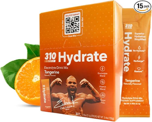 310 Nutrition Sugar Free Electrolytes Powder - Instant Hydration Packets Chris Eubank Jr. Edition - Caffeine-Free Rehydration Drink Mix w/Vitamin, Low Calorie & Keto Friendly - Tangerine 15 Singles