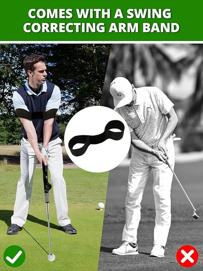 Retractable Golf Swing Trainer with Arm Band - Click Stick Golf Training Aid, Right-Handed Golf Swing Practice Stick for Chipping & Hitting, Portable Indoor Outdoor Golf Practice Stick