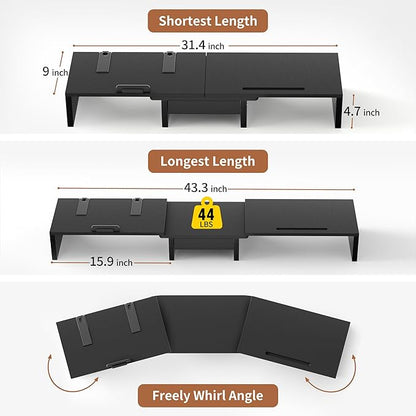 Dual Monitor Stand Riser - Computer Monitor Stand for 2 Monitors，Office Desktop Organizer，Adjustable Length and Angle 3 Shelf with Storage Drawer Phone Holder for Monitors and Laptops-Black
