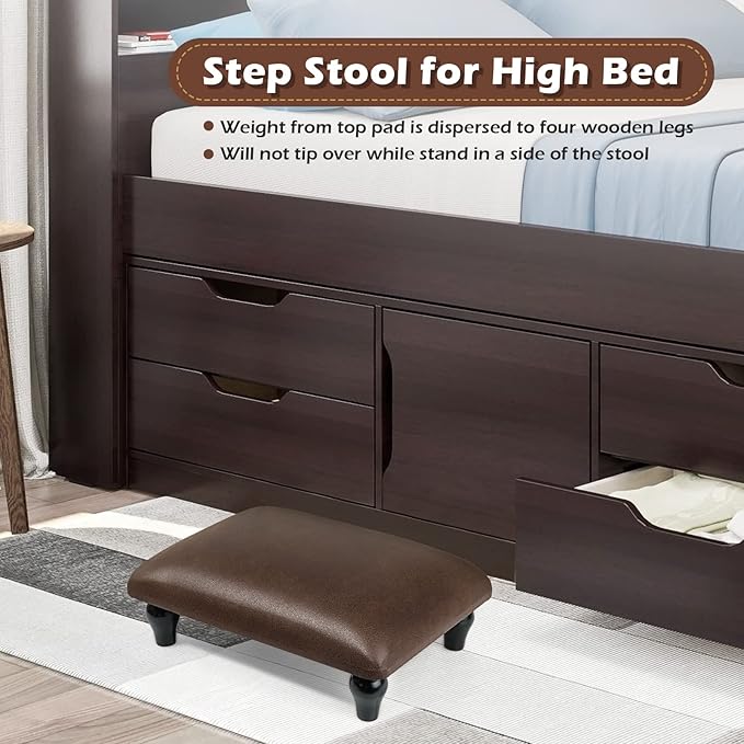 Small Foot Stool Ottoman with Stable Wood Legs Upholstered Footstool Padded Foot Rest Step Stool for High Beds Seat Chair Couch Sofa Patio Bedroom Living Room Office (5.9" H-Brown)