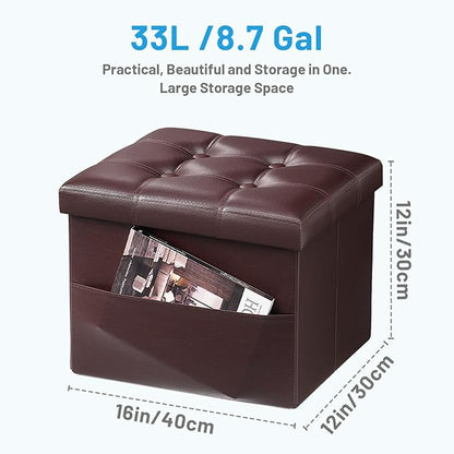 Storage Ottoman Foot Rest Stool, Small Leather Storage Ottomans Bench, Folding Footstool with Side Pockets, Foot Rest Under Desk for Living Room Bedroom, 16x12x12 in, Brown 2 Pack