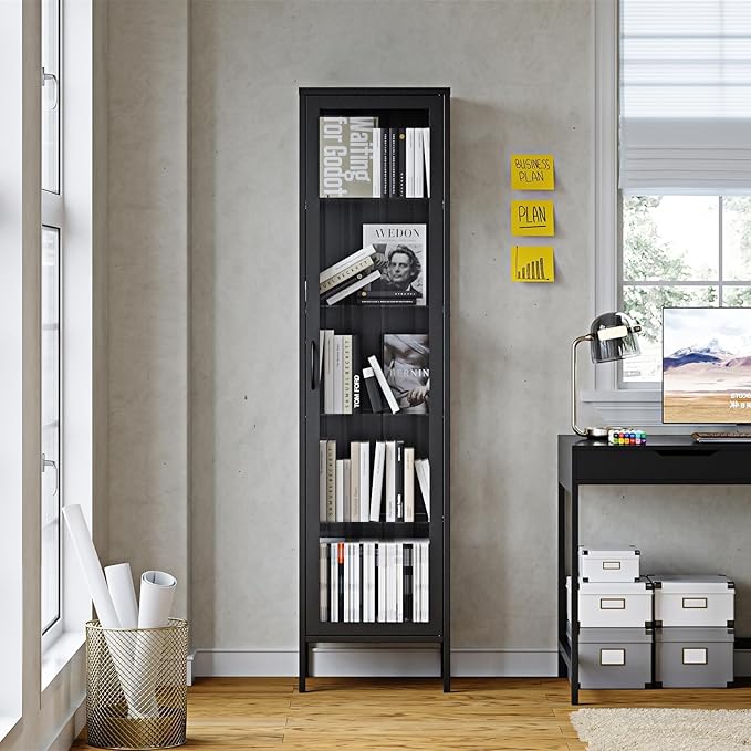 Display Storage Cabinet with Glass Doors, 71 Inches Metal Curio Cabinets with 4 Adjustable Shelves, HD&Tempered Glass Cabinet Display Case for Home, Office, Pantry, Assemble Required (Black)