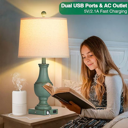 Farmhouse Table Lamps for Living Room, Rustic Touch Control Bedside Lamps with USB A+C Charging Ports & AC Outlet, Vintage 3-Way Dimmable Traditional Classic Nightstand Lamp for Bedroom Office Green