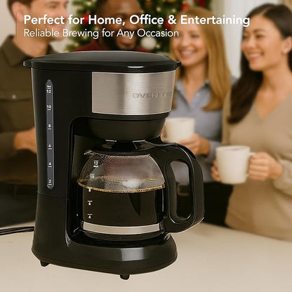 OVENTE 12-Cup Drip Coffee Maker with Borosilicate Glass Carafe, One-Touch Operation Machine, Anti-Drip System, Reusable Filter and Clear View Water Level Gauge, Ideal for Home or Office, Black CM412B
