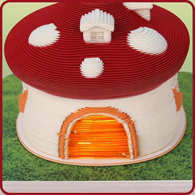 3D Time Piece Calendar 2026 DIY Calendars Tear Away Carving Art 3D Memo Pad Calendar With LED Lights sculpture artsy pads calendar notepad for Desktop Decor-Red Mushroom House