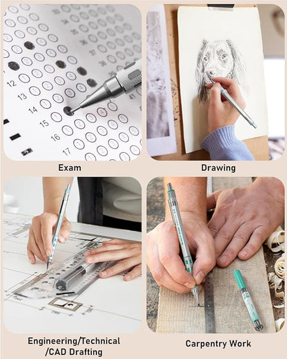Nicpro Blocky Gear Art Mechanical Pencil Set with Case, 36PCS Metal Mechanical Pencils 0.5, 0.7, 0.9mm & 2mm Lead Holder for Drawing Sketching with 20 Tubes (6B 4B 2B HB 2H 4H Colors) Lead Refills