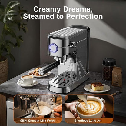 Crzoe 20 Bar Expresso Coffee Machines, Compact 1350W Espresso Machine with Milk Frother, Stainless Steel Cappuccino Machine with Fast Heating System, 1.2L Removable Water Tank, for Home&Office